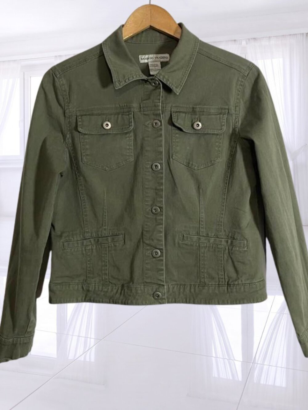 Bamboo Traders Army Green Utility Jacket Large L Cotton Stretch - Picture 2 of 11